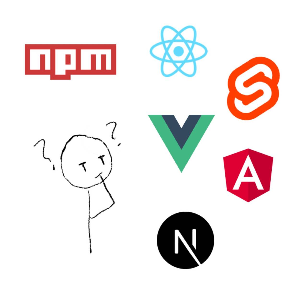 A confused stick figure, staring at various front end framework logos.